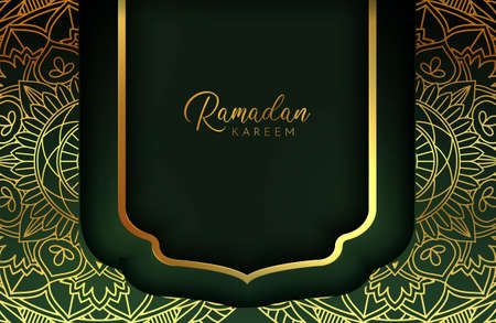 Luxury black gold background banner with islamic arabesque mandala ornament on dark greenのイラスト素材
