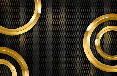 Luxury elegant background with shiny gold circle element on dark black carbon surface. Business presentation layoutのイラスト素材