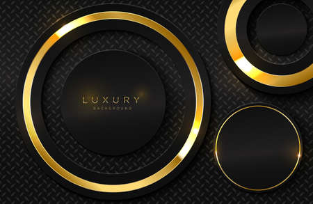 Realistic 3d background with shiny gold ring shape. Vector golden circle shape on black surface Graphic design element. Luxurious Elegant templateのイラスト素材