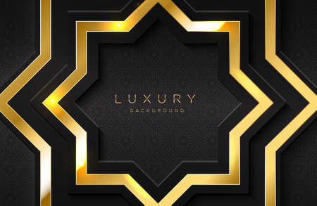 Realistic 3d background with glossy gold geometric shape. Vector geometric illustration on black surface. Graphic design element. Luxurious Elegant templateのイラスト素材