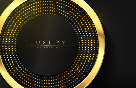 Luxury elegant background with shiny gold circle element and dots particle on dark black metal surface. Elegant cover templateのイラスト素材