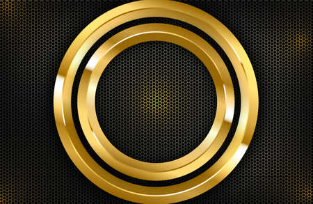 Luxury elegant background with shiny gold circle element on dark black carbon surface. Business presentation layoutのイラスト素材