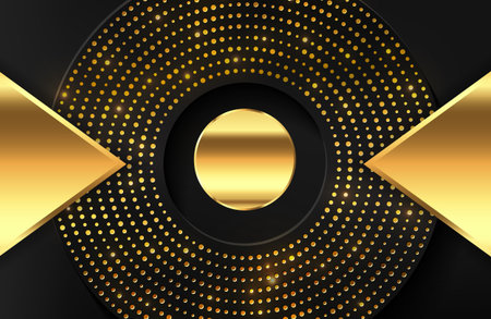 Luxury 3d realistic background with shiny gold geometric shape. Vector illustration of black circle shapes textured with sparkling gold glitter. Elegant backdrop templateのイラスト素材