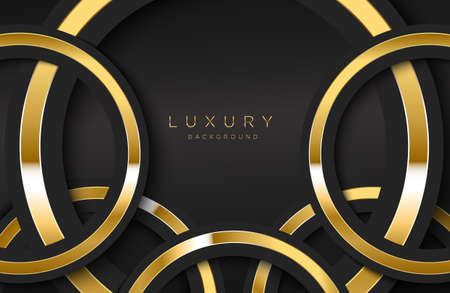 Realistic background with shiny gold ring shape. Vector golden circle shape on black surface Graphic design element. Luxurious Elegant templateのイラスト素材