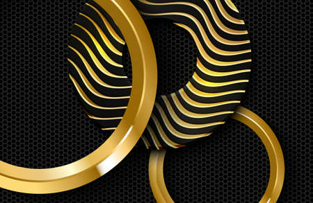 Vector illustration of black circle shapes textured with golden wavy linesのイラスト素材