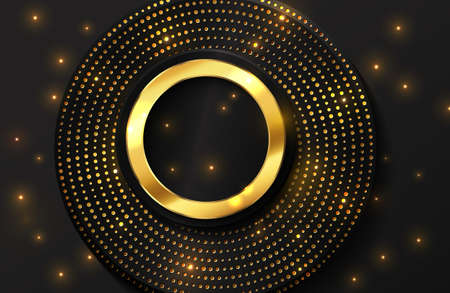 Abstract luxury background with gold circle shape and golden glitter particlesのイラスト素材