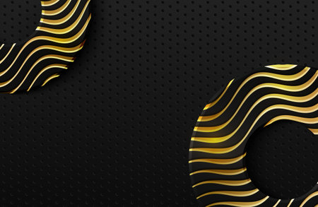 Vector illustration of black circle shapes textured with golden wavy lines