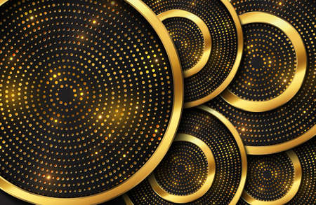 Abstract luxury background with gold circle shape and golden glitter particlesのイラスト素材
