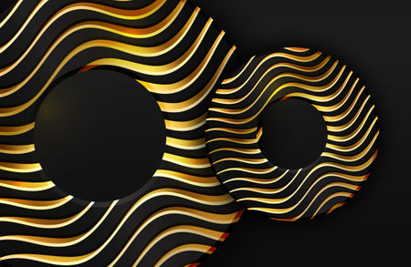 Luxury 3d realistic background with gold circle shape Vector illustration of black circle shapes textured with golden wavy linesのイラスト素材
