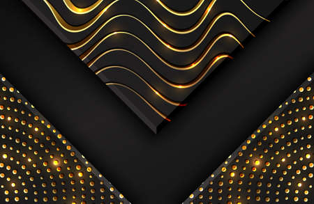 Abstract black geometric background textured with shimmering gold glitter and wavy linesのイラスト素材