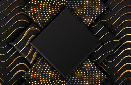 Abstract black geometric background textured with shimmering gold glitter and wavy lines