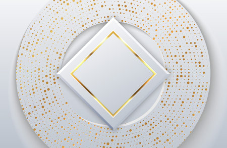 Modern White paper cut background with realistic geometric shape textured with gold dot halftone...
