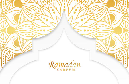 Ramadan kareem background with gold mandala and white paper cut ornament Vector illustration for Islamic holy month celebrationsのイラスト素材