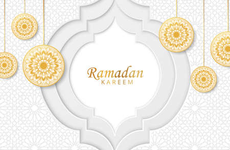 Ramadan kareem background with gold mandala and white paper cut ornament Vector illustration for Islamic holy month celebrationsのイラスト素材