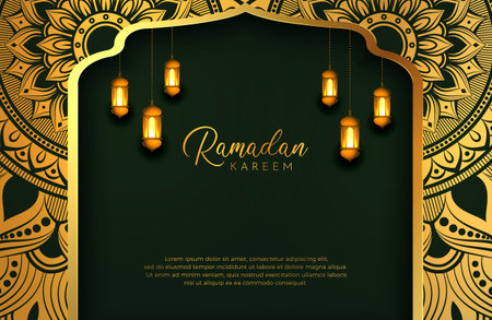 Ramadan Kareem background with gold and green color luxury style Vector illustration for Islamic holy month celebrations decorated with lantern and mandala arabesqueのイラスト素材
