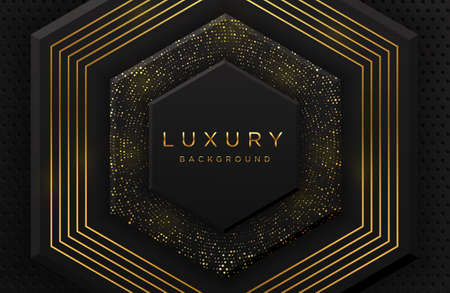 Luxury elegant 3d hexagon shape background with shimmering gold dotted pattern and lines isolated on black. Abstract realistic black papercut background. Elegant templateのイラスト素材