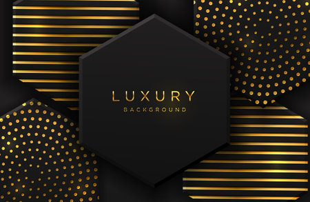 Luxury elegant 3d hexagon shape background with shimmering gold dotted pattern and lines isolated on black. Abstract realistic black papercut background. Elegant templateのイラスト素材