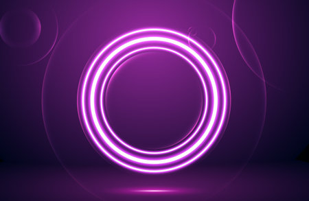 Circle neon light effect on dark background, futuristic techno conceptのイラスト素材