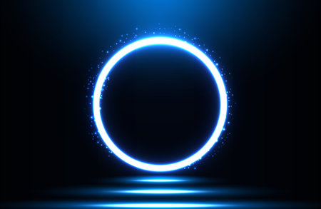 Circle neon light effect on dark background, futuristic techno conceptのイラスト素材