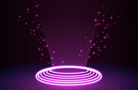 Circle neon light effect on dark background, futuristic techno conceptのイラスト素材