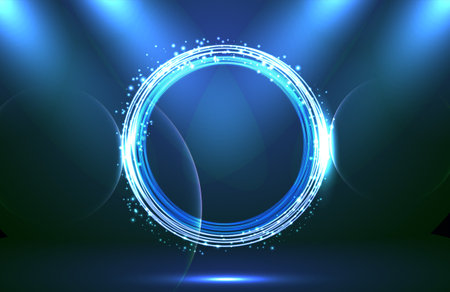 Circle neon light effect on dark background, futuristic techno conceptのイラスト素材