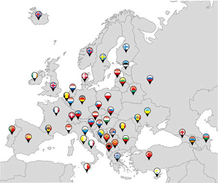 Pinned countries flags on map of Europe のイラスト素材