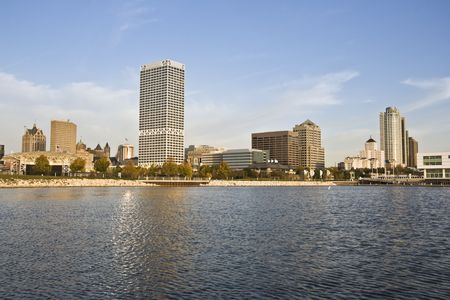 Downtown Milwaukee seen from Lake Michiganの写真素材