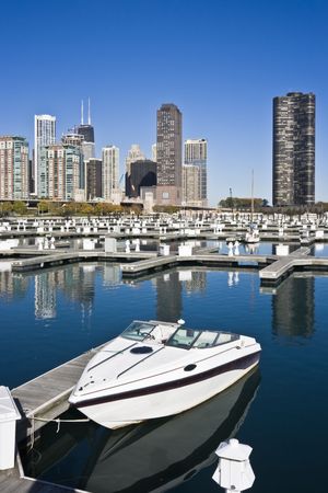Lonely boat in marina - Chicago, IL.の写真素材