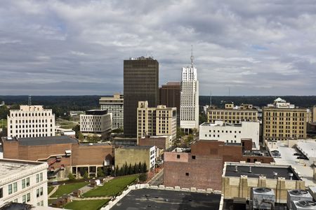 Akron, Ohio - downtown buildings seen during cloudy day.の写真素材