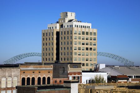 Hernando de Soto Bridge seen from downtown of Memphis, Tennessee.の写真素材