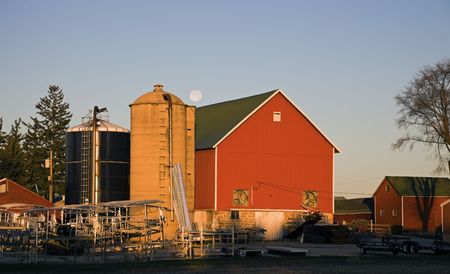 Farm Buildings and Full Moon - Nebraska.の写真素材