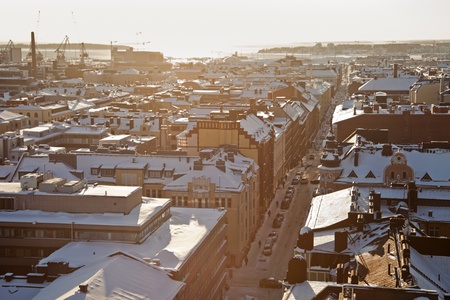 Winter panorama of Helsinki - looking towards setting sunの写真素材