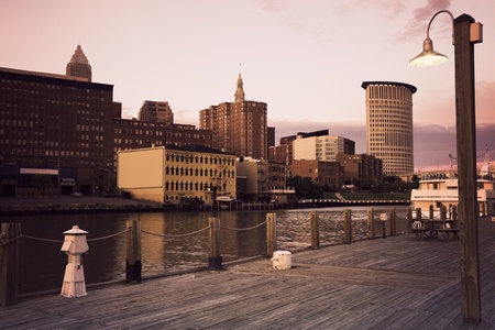 Cleveland during sunset - downtown seen accross Cuyahoga Riverの写真素材