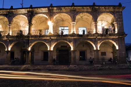 Antigua, Guatemala - January 28, 2009 Evening traffic in front of municipal building in Antigua, Guatemalaのeditorial素材