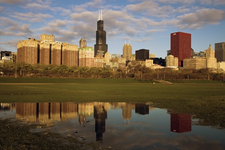 Chicago, Illinois, USA - October 31, 2009: Baseball field in Grant Park - downtown Chicago, Illinois. Seen early morning after heavy rain.のeditorial素材