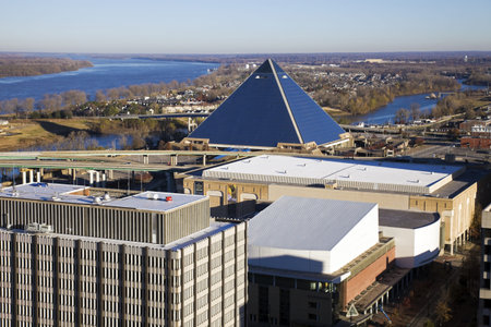 Memphis, Tennessee - November 28, 2009: Aerial panorama of Memphis, Tennessee. The Pyramid Arena and...