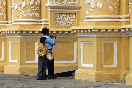 Antigua, Guatemala,Street musicians playing in front of the La Merced Cathedral in the center of Antigua.  January 29, 2009のeditorial素材
