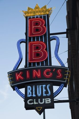 Memphis, Tennessee, USA November 27, 2009 Colorful sign of B.B. King's Blues Club on Beale Street in downtown of Memphis. The club was opened in 1994 Seen during morning fall. のeditorial素材