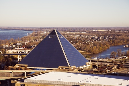 Memphis, Tennessee - November 28, 2009: Aerial panorama of Memphis, Tennessee. The Pyramid Arena and Mississippi River in the back.のeditorial素材