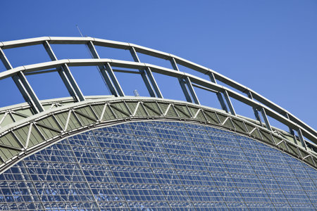 Roof of Miller Park seen with blue sky seen during cloudless summer day. Miller Park was built in...