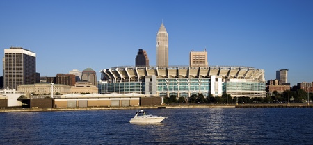 Downtonw of Cleveland, Ohio seen from Lake Erieの写真素材