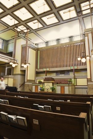 Oak Park, Illinois, USA - April 09, 2012 Interior of Unity Temple in Oak Park, Illinois. Unity Temple is a Unitarian Universalist church - home of the Unity Temple Unitarian Universalist Congregation. Designed by Frank Lloyd Wright, and built in 1908. のeditorial素材