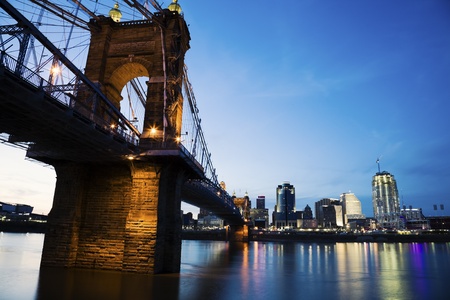 Cincinnati seen accross Ohio River at sunsetの写真素材