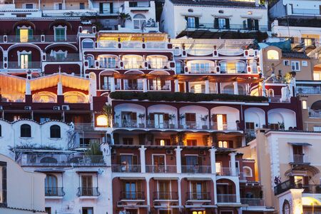Positano architecture at sunset. Positano, Campania, Italyの写真素材