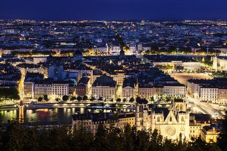 Aerial view of Lyon with the cathedral. Lyon, Rhone-Alpes, France.の写真素材