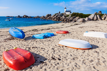 Pontusval Lighthouse seen afternoon. Pontusval, Brittany, Franceの写真素材