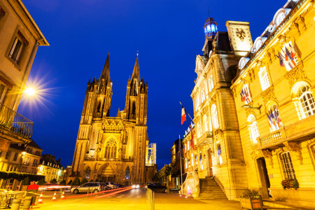 Coutances Cathedral and City Hall at night. Coutances, Normandy, France