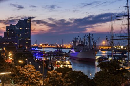 Hamburg - panorama of the port at sunrise. Hamburg, Germany.の写真素材