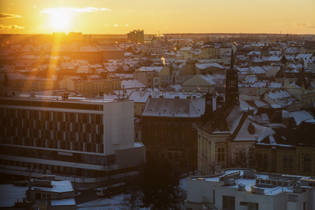 Pilsen panorama at sunset. Pilsen, Bohemia, Czech Republic.の写真素材