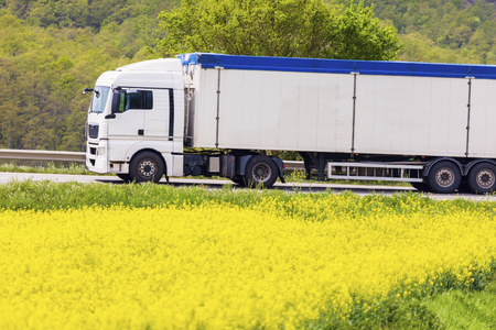 Semi truck driving in Tuscany. Tuscany, Italy.の写真素材